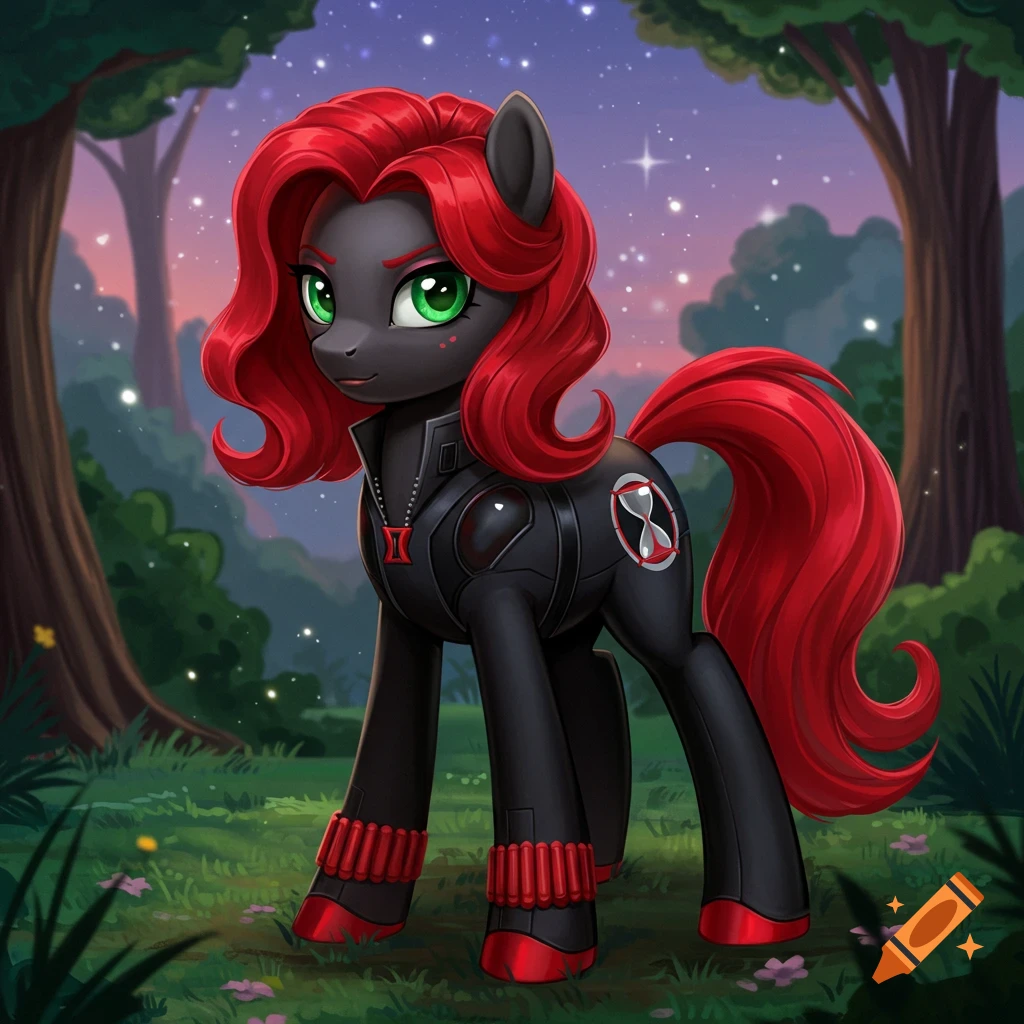 A cartoon black pony with red hair, wearing a Black Widow suit with hourglass symbols, stands in a magical forest at night.