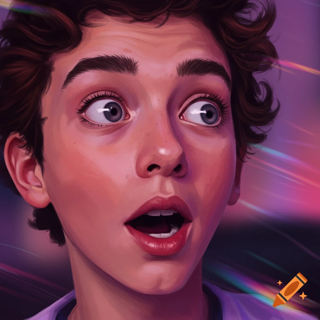 A stylized illustration of a young person with wide, surprised eyes and an open mouth looking to the left, against a colorful, streaky background.