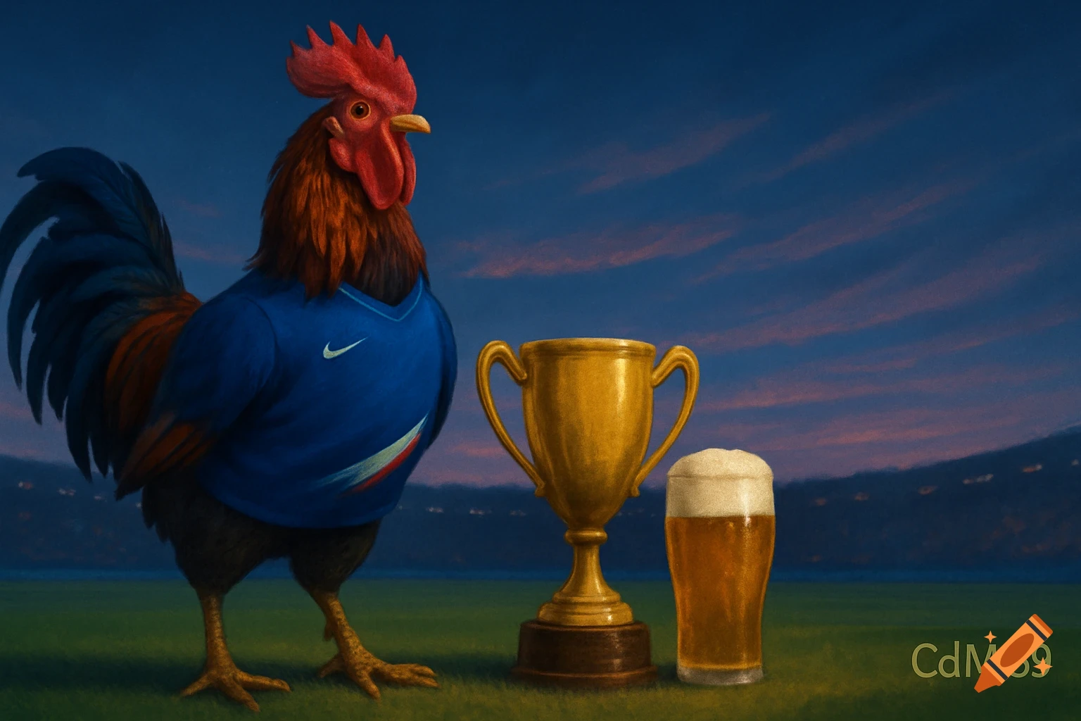 An illustrated rooster in a blue French football jersey stands next to a golden trophy and a beer on a field under a dramatic sky.