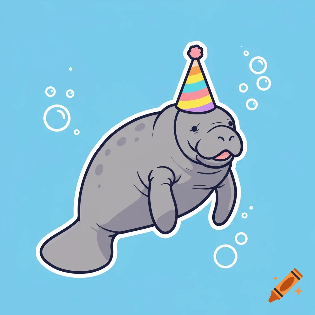 A happy cartoon manatee wearing a rainbow-striped party hat floats in blue water with bubbles, in a sticker style.