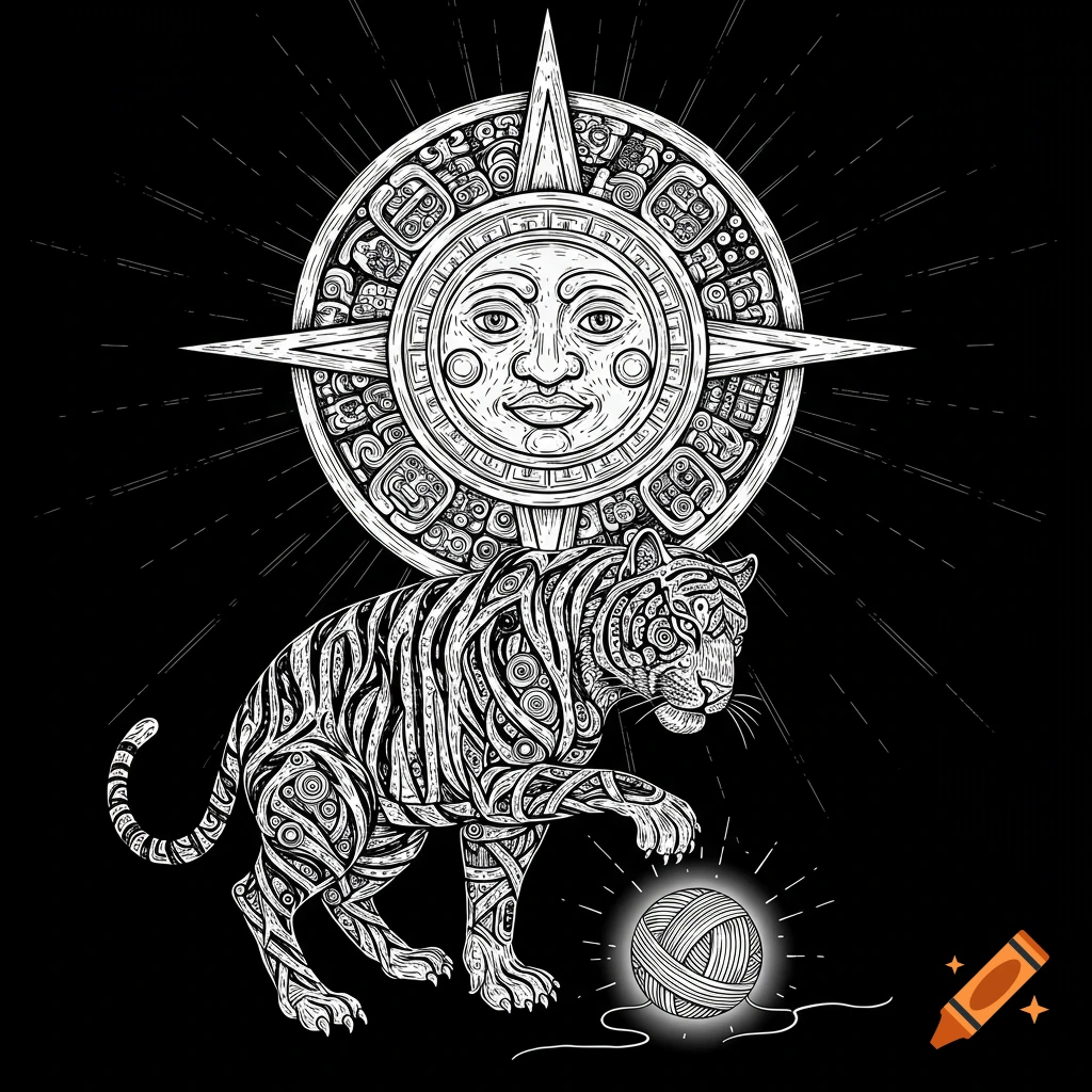 Monochrome engraving of a stylized tiger made of Mayan glyph patterns, playfully reaching for a glowing yarn ball beneath a radiant Mayan sun.