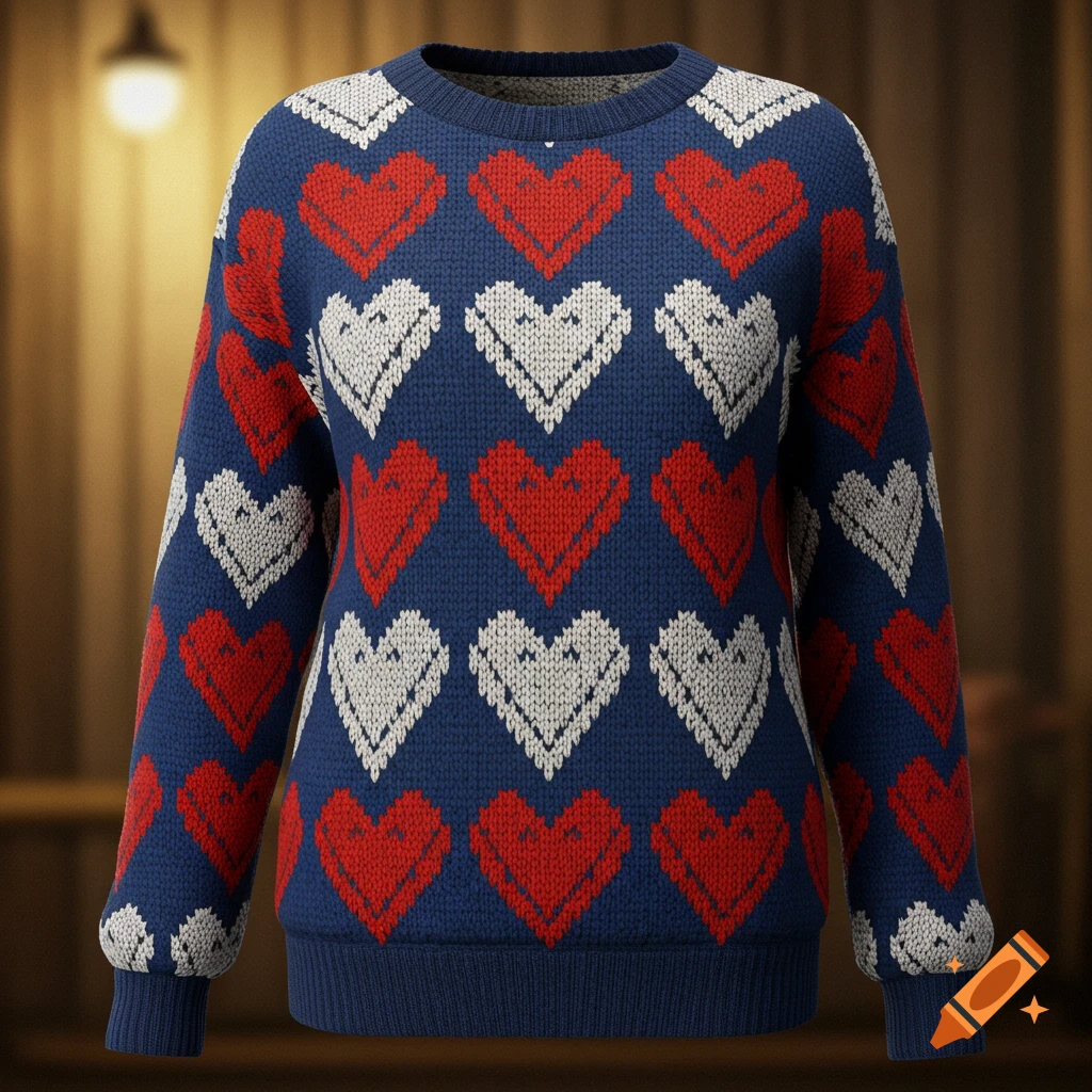 A blue knitted sweater with red and white heart patterns, displayed against a blurred warm-lit background.