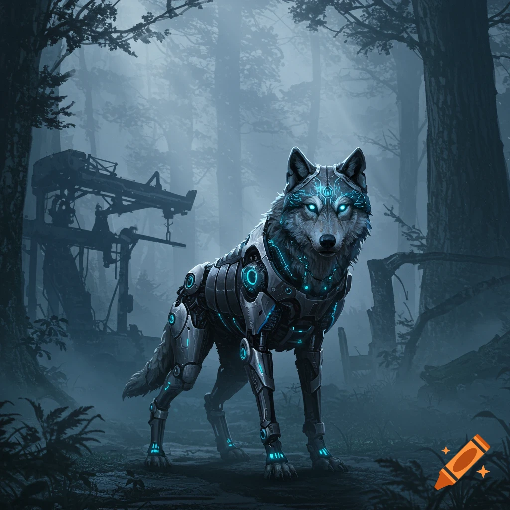 A detailed biomechanical wolf with glowing blue elements stands in a dark, misty forest.