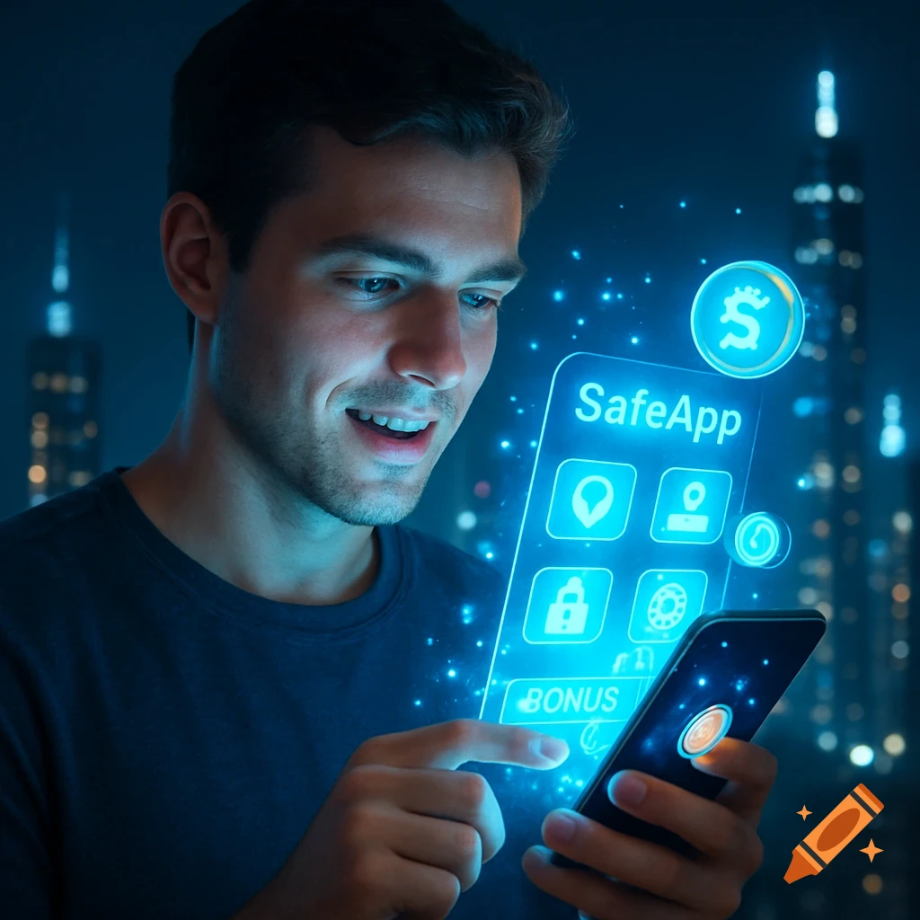 A man smiles while interacting with a glowing holographic "SafeApp" and smartphone in a futuristic city setting.