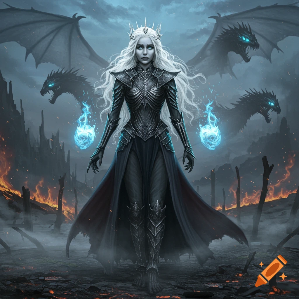 A white-haired woman in dark armor with glowing blue magic stands in a fiery, ruined landscape with three dark dragons with glowing blue eyes.