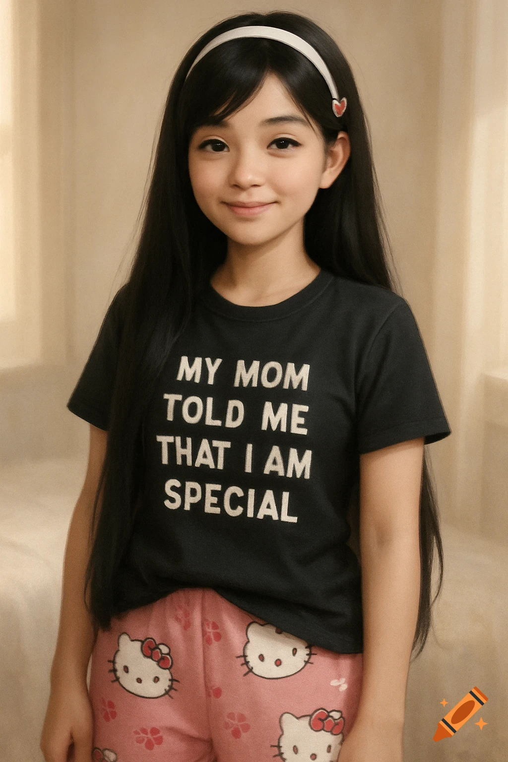 A young girl with long black hair and a white headband smiles while wearing a black t-shirt that reads "MY MOM TOLD ME THAT I AM SPECIAL" and pink Hello Kitty pajama pants.
