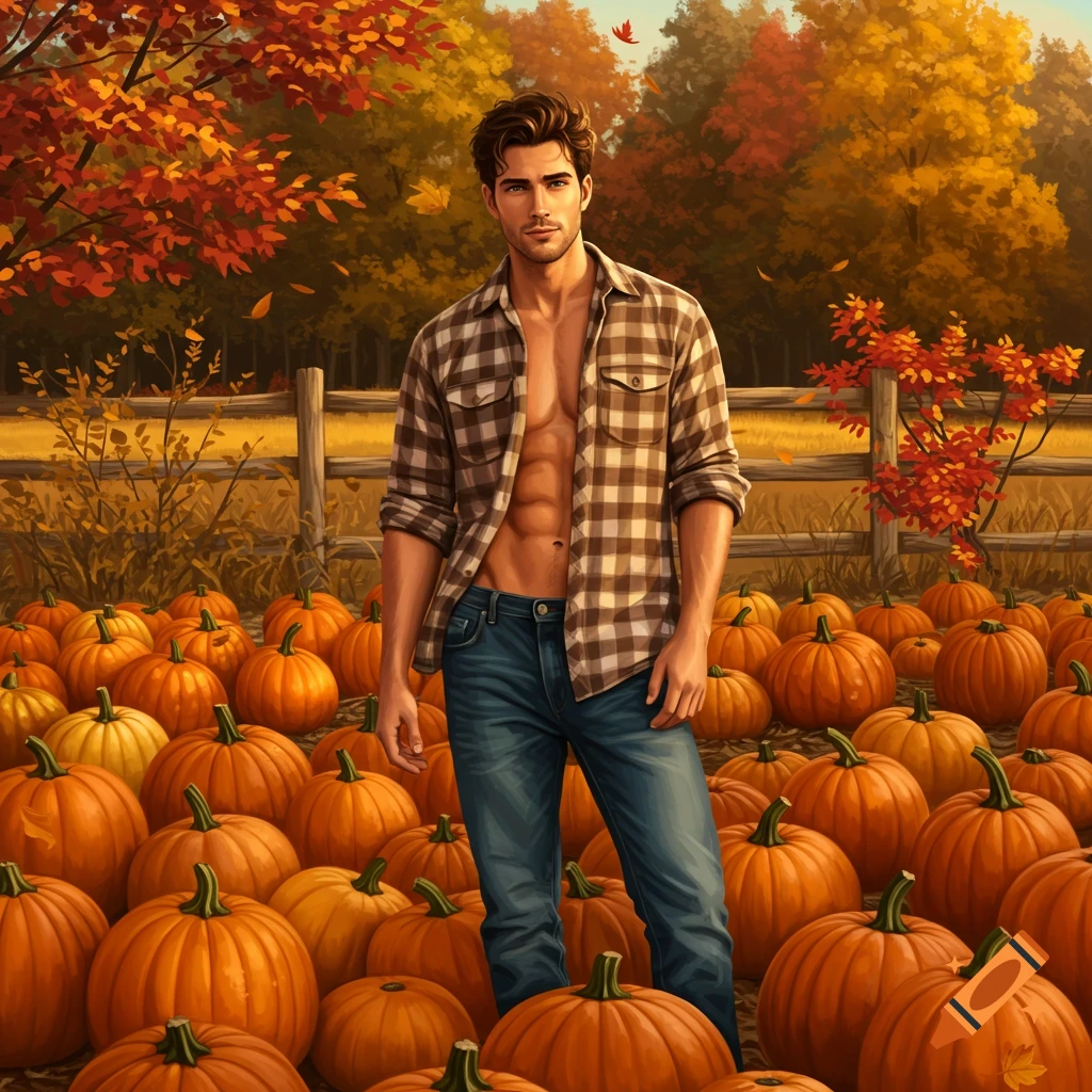 Attractive man in an unbuttoned plaid shirt and jeans standing in a pumpkin patch with autumn trees.
