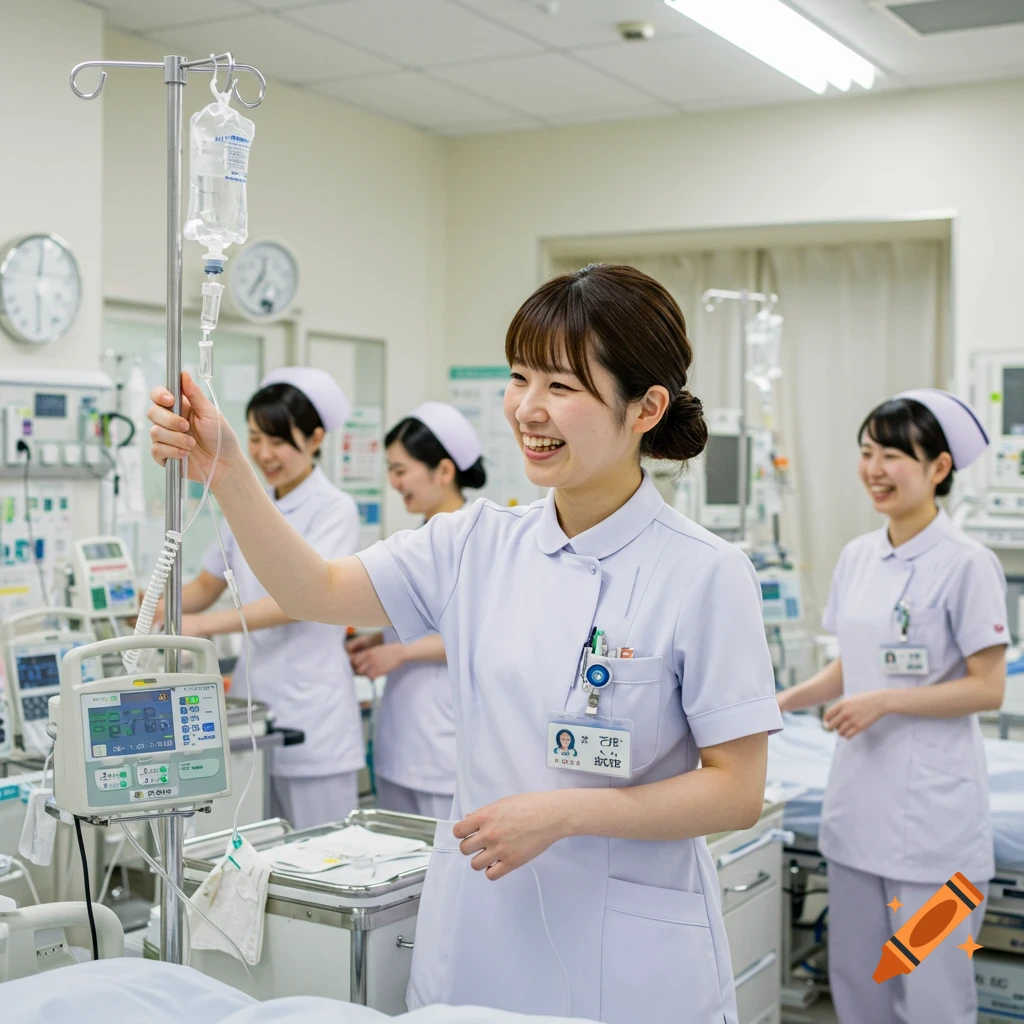 Three Japanese nurses in white uniforms smiling while working in a bright hospital room, one adjusting an IV drip.
