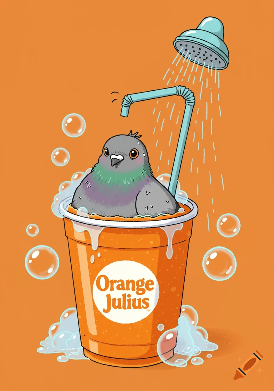 A cute cartoon pigeon bathes in an Orange Julius cup with a straw-turned-showerhead and bubbles.