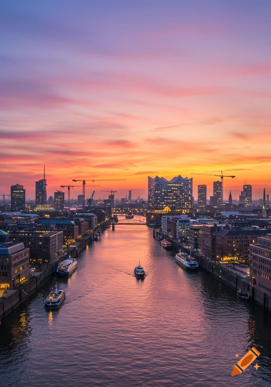 Aerial view of Hamburg harbor at sunset, with boats on the river and a modern skyline.