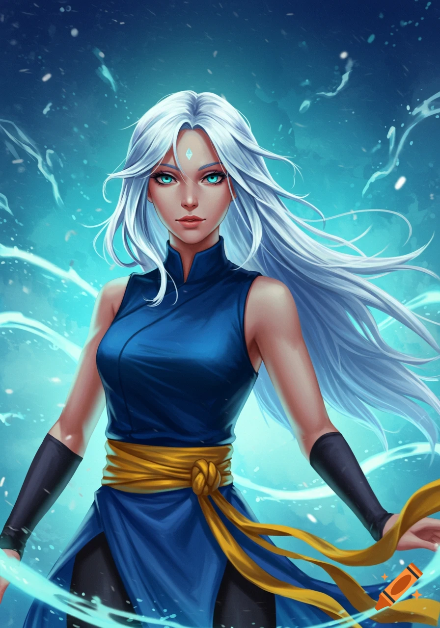 Graceful Ateya, a fantasy character with long silver-blue hair and glowing turquoise eyes, in a blue tunic and gold sash against a swirling blue background.