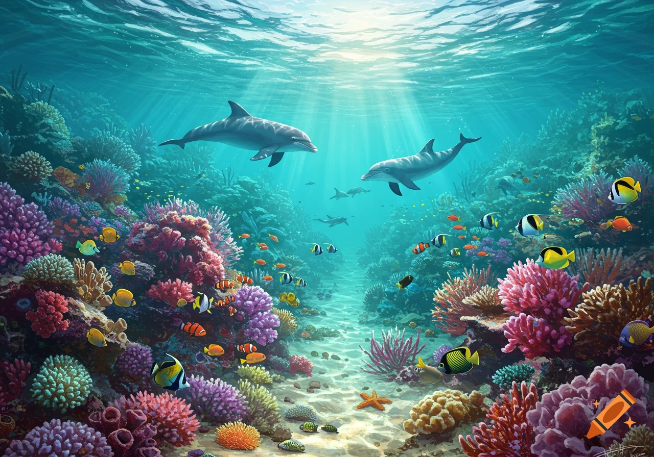 Underwater scene with two dolphins swimming above a vibrant coral reef filled with colorful fish and sunlight streaming from above.