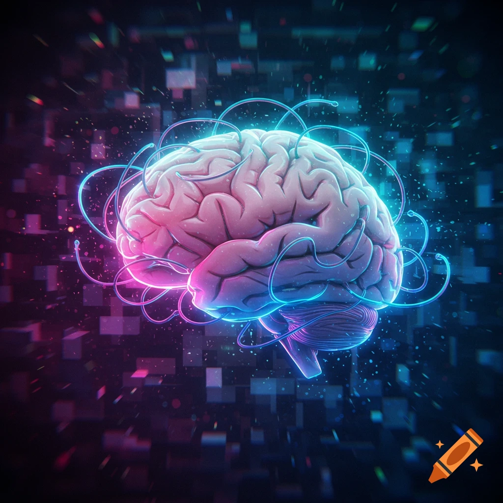 Stylized brain glowing with neon pink and blue light, surrounded by glowing wires and digital particles.