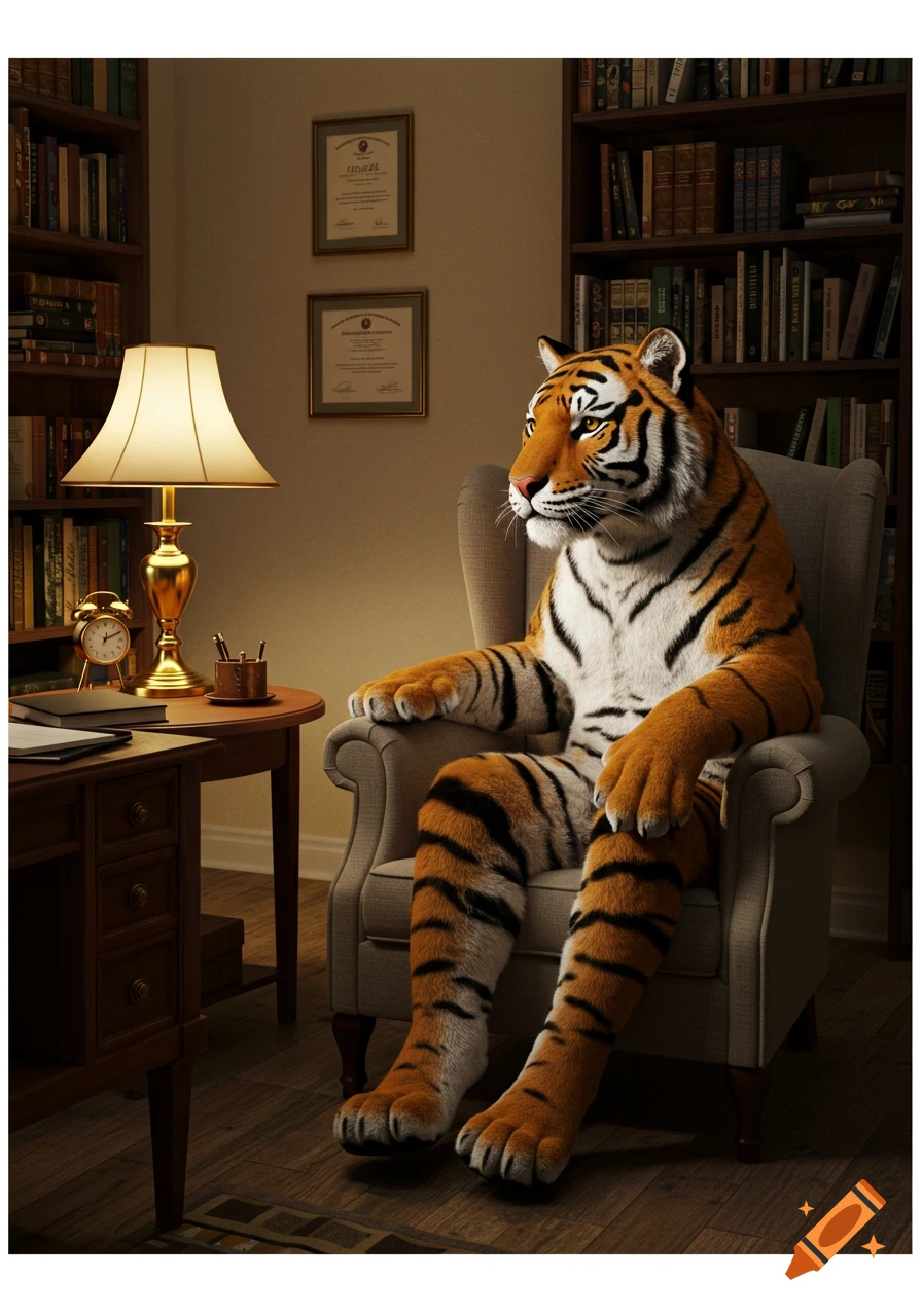 A photorealistic tiger sits in a plush armchair in a cozy library, looking pensive.