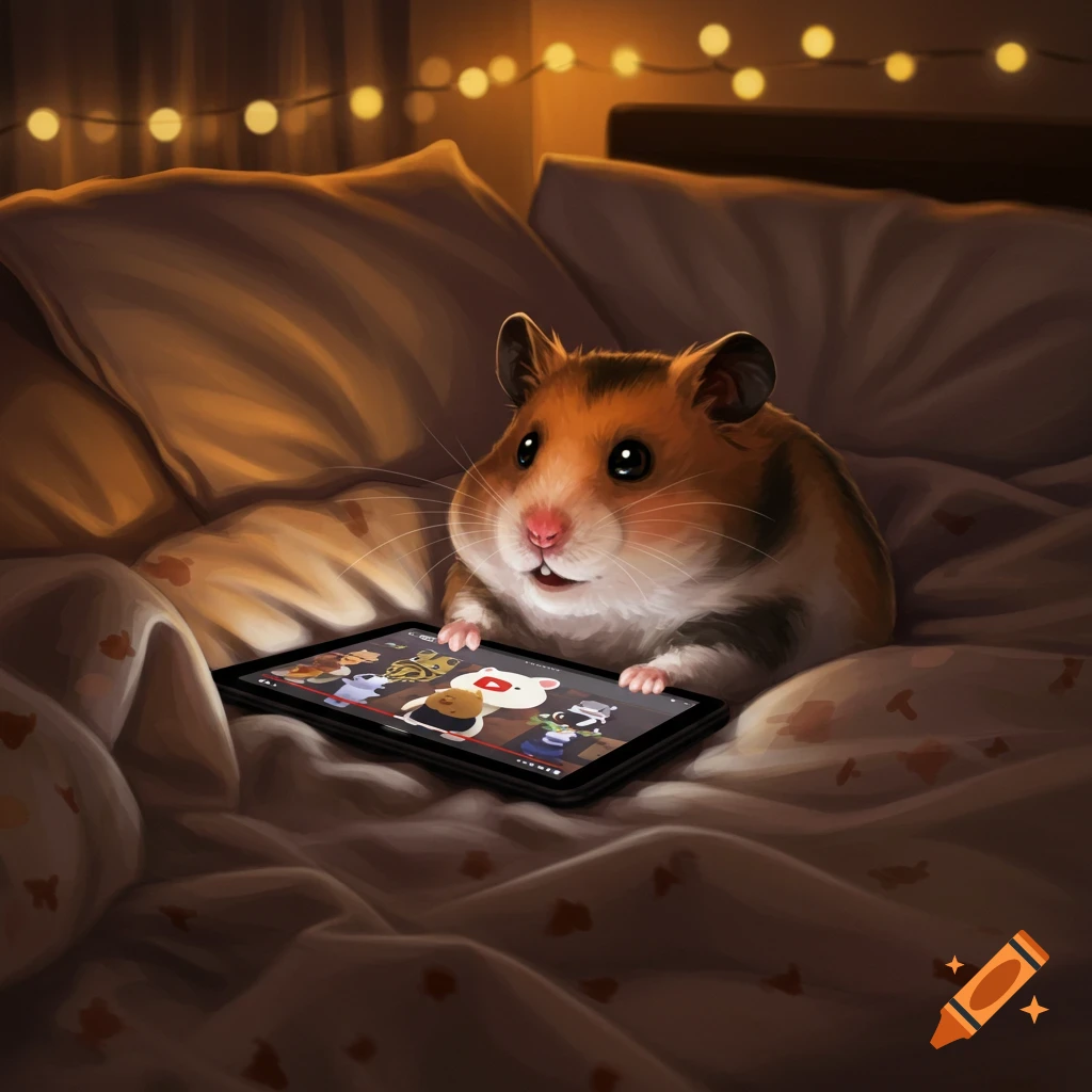 A cute, fluffy hamster lies cozily in a bed under string lights, watching a video on a tablet. Digital art.