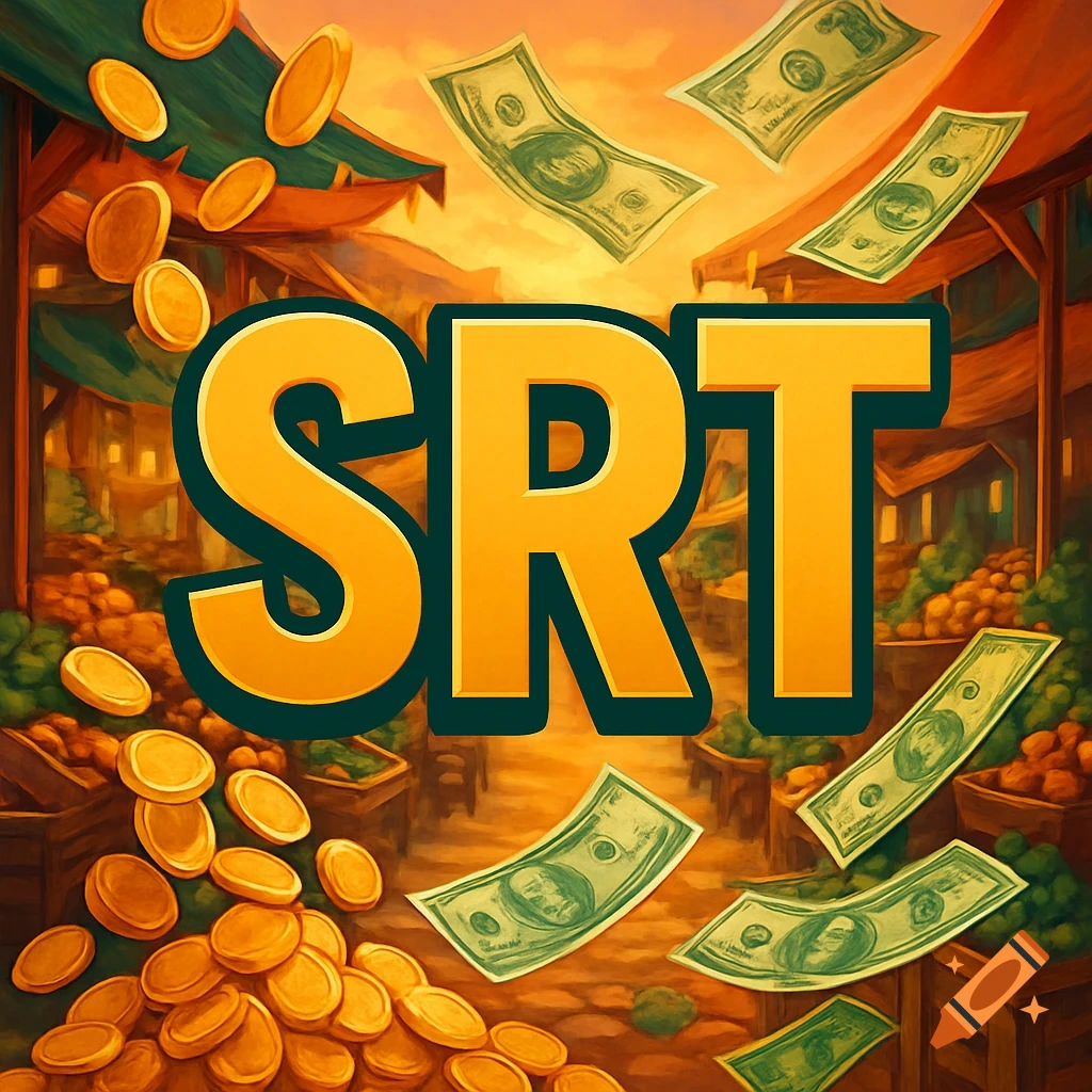 A stylized market scene with large golden 'SRT' letters, surrounded by falling gold coins and paper money.