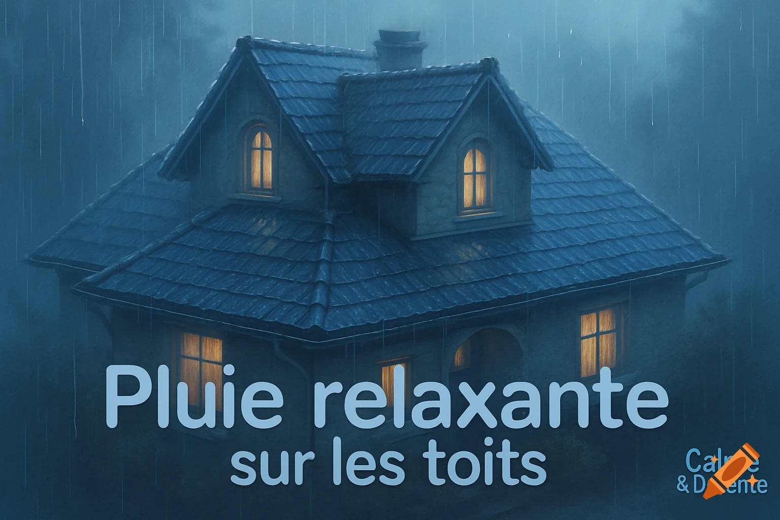 Cozy house illustration under soft blue rain with glowing windows at night, featuring French text 'Pluie relaxante sur les toits'.