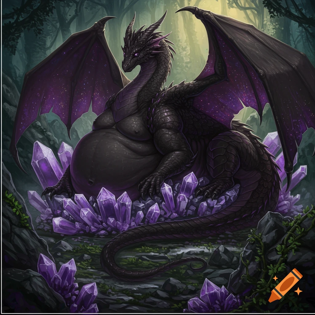 A large, fat black and purple dragon rests on glowing purple crystals in a mystical forest, digital art.