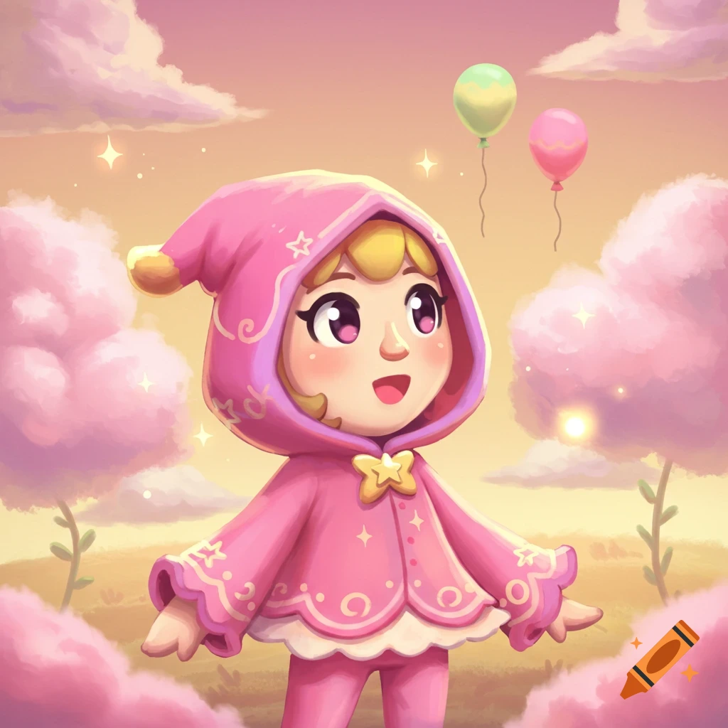 Cartoon character in a pink hooded cloak with a star, standing amidst pink cotton candy clouds under a sunset sky, with two balloons.