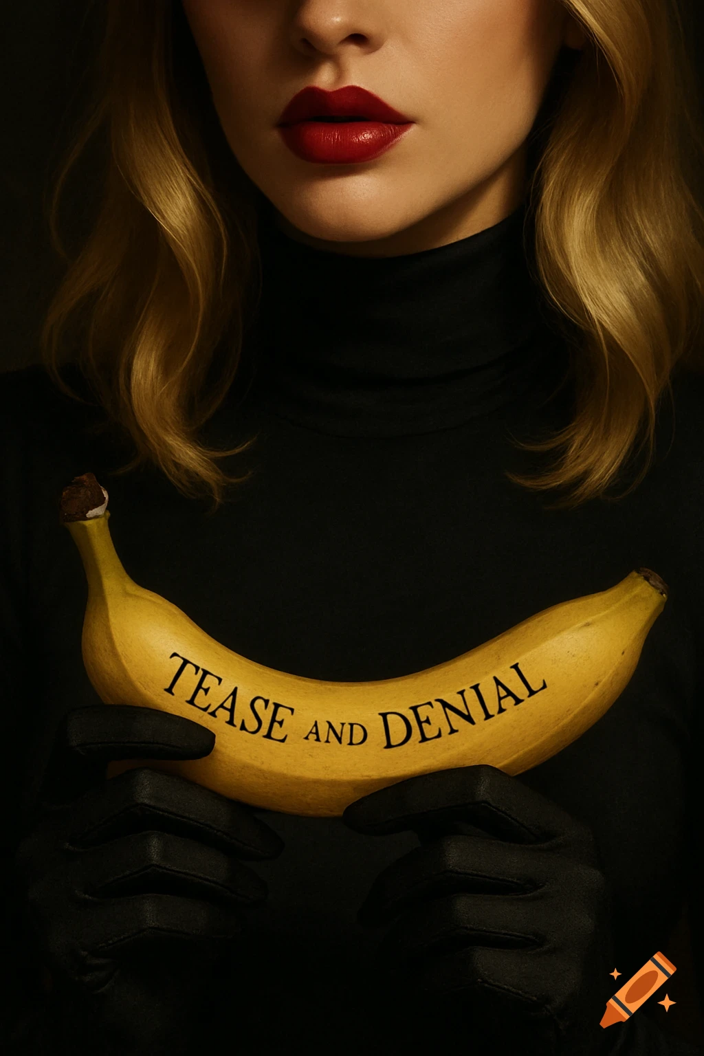 A woman with red lips, blonde hair, black turtleneck, and black gloves holds a banana with "TEASE AND DENIAL" text. Photorealistic.