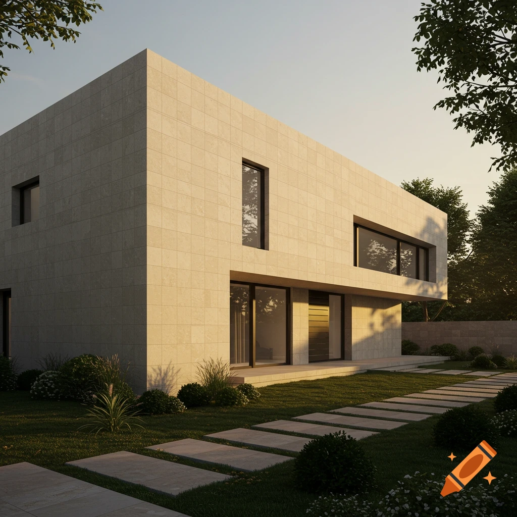 Photorealistic rendering of a modern minimalist house with a light-tiled exterior, large windows, and a stepping stone path in a garden.