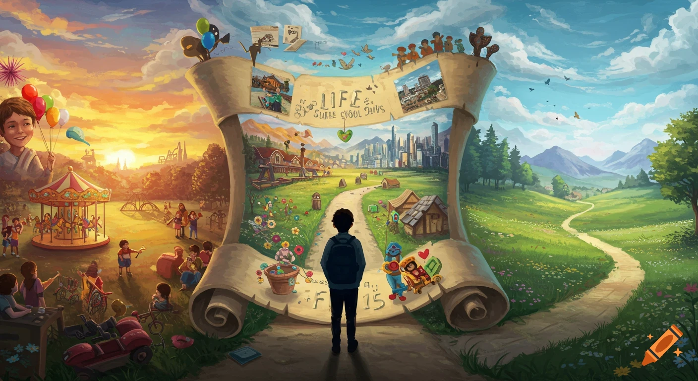 A boy stands before a large, unfurling scroll depicting a vibrant life journey, from a joyful childhood with a carousel to a modern city and a peaceful natural landscape, under a colorful sky.