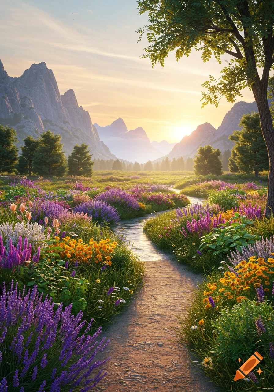 A winding dirt path and small stream flow through a vibrant field of colorful wildflowers towards sun-drenched mountains at sunset.