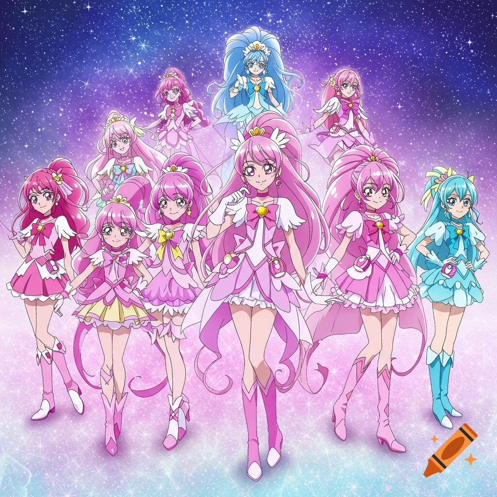 A group of anime magical girls in pink and blue dresses, posing against a sparkling starry background.