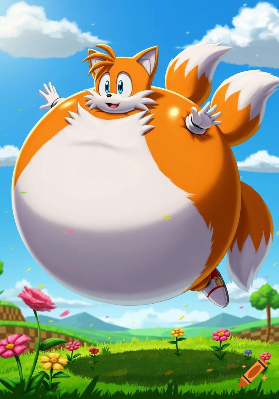 Tails, inflated like a giant balloon, floats above a colorful landscape ...