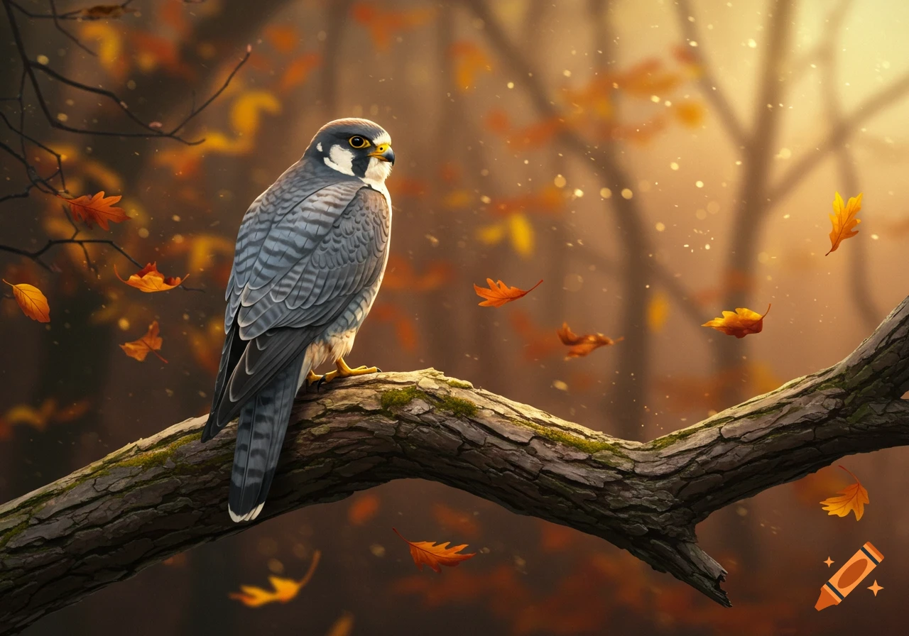 A photorealistic falcon with grey and white feathers perches on a mossy tree branch, as golden autumn leaves fall in a sunlit forest.