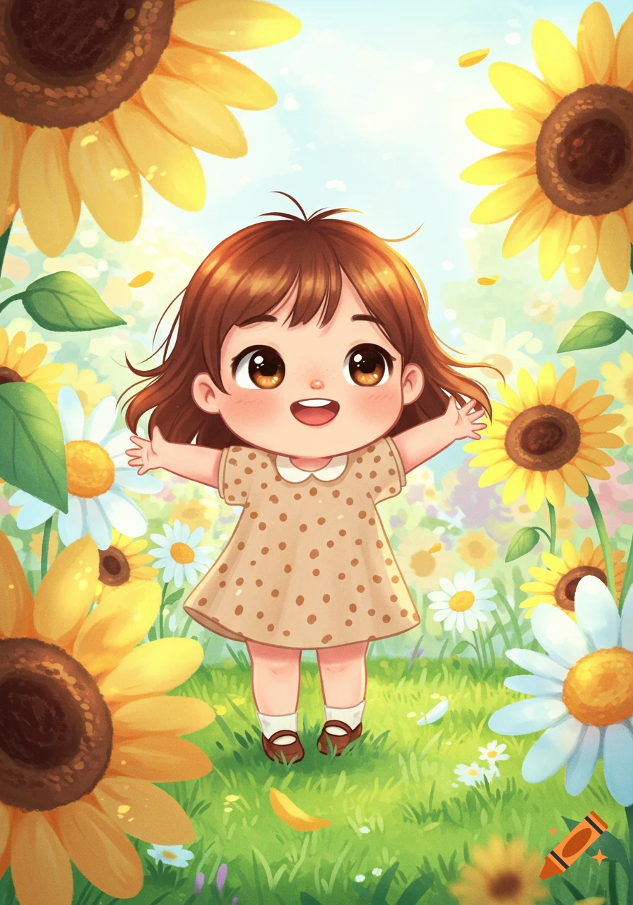 Cute cartoon little girl with brown hair smiling, arms outstretched in a bright field of sunflowers and daisies.