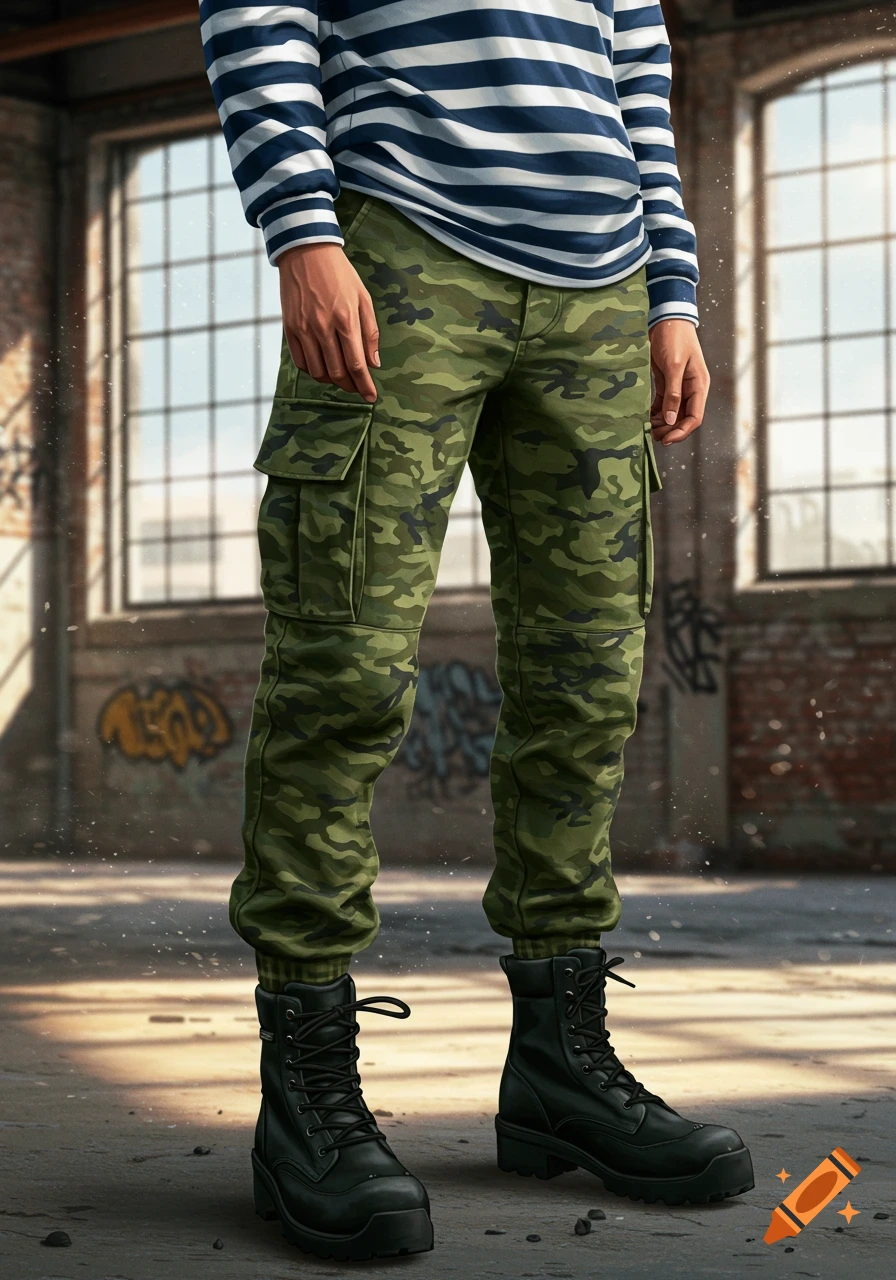 Person in a striped shirt, camouflage pants, and black combat boots stands in an urban warehouse.