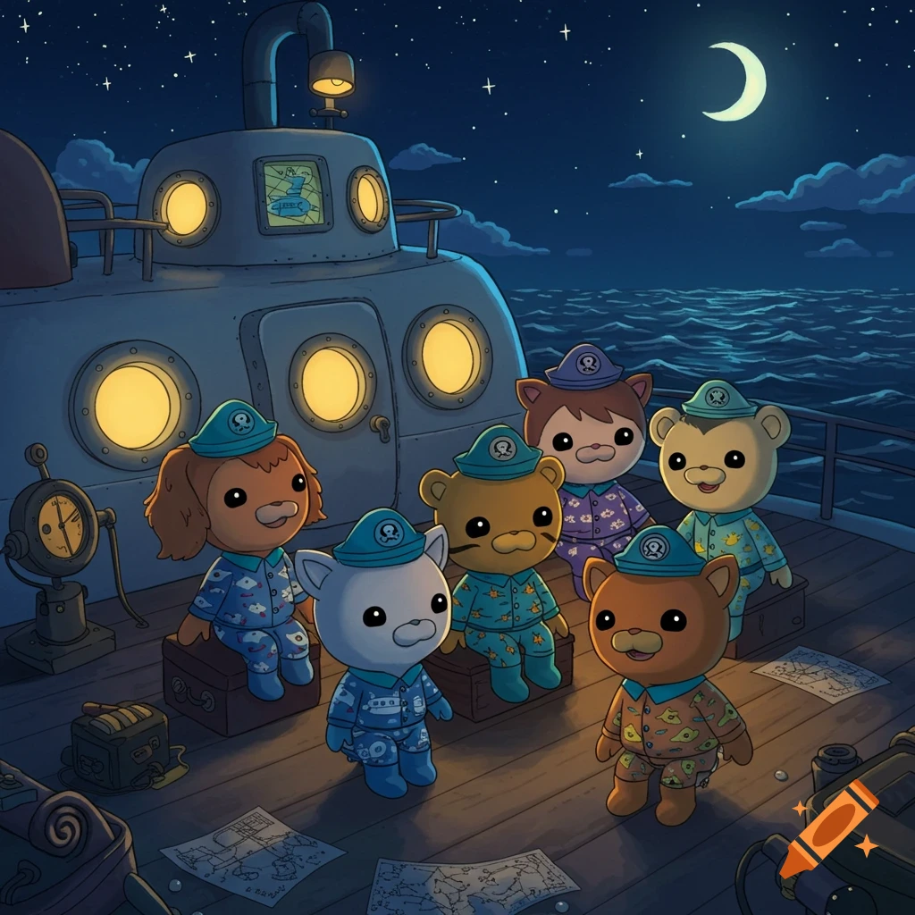 Octonauts animal characters in pajamas gather on a submarine deck under a starry night sky with a crescent moon.