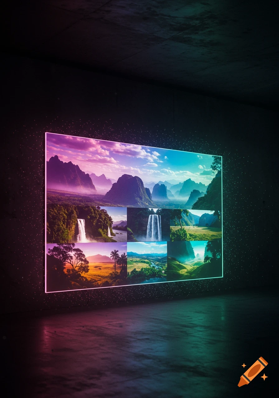 A large glowing video screen in a dark room displays a collage of colorful nature landscapes, including mountains and waterfalls. Digital art.