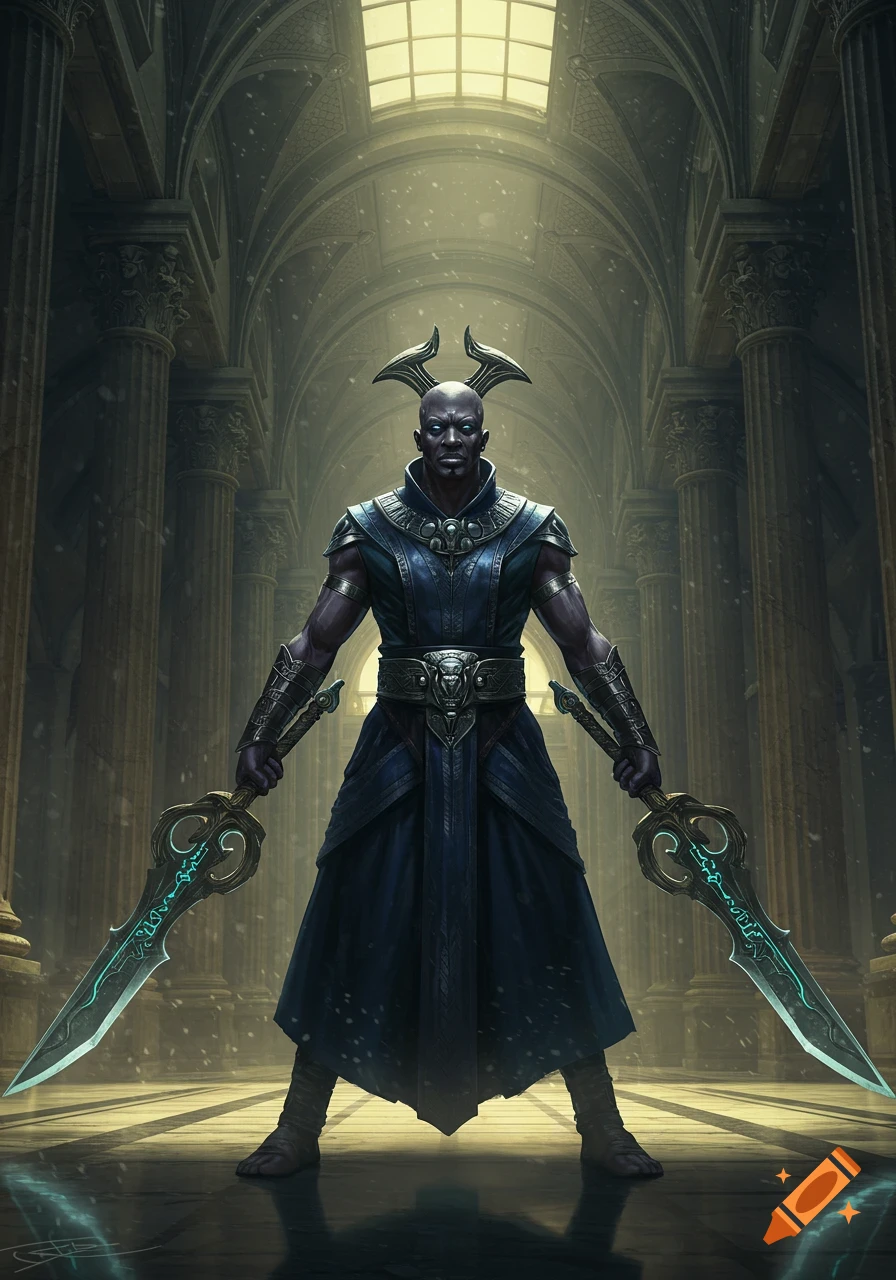 A dark-skinned horned warrior stands defiantly, holding two glowing swords in a grand, columned hall bathed in light.