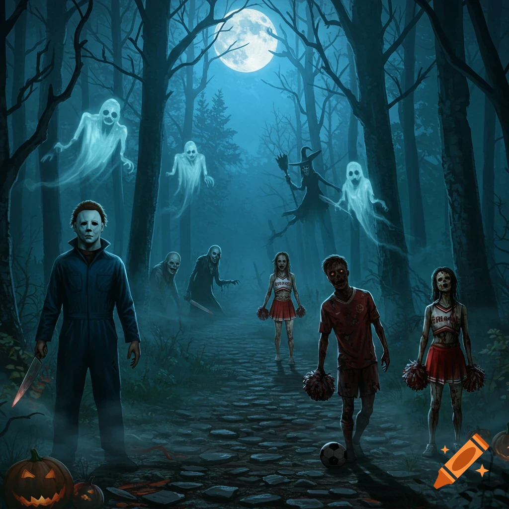 Michael Myers, zombies, cheerleaders, ghosts, and a witch are in a dark, moonlit forest, a spooky Halloween scene.