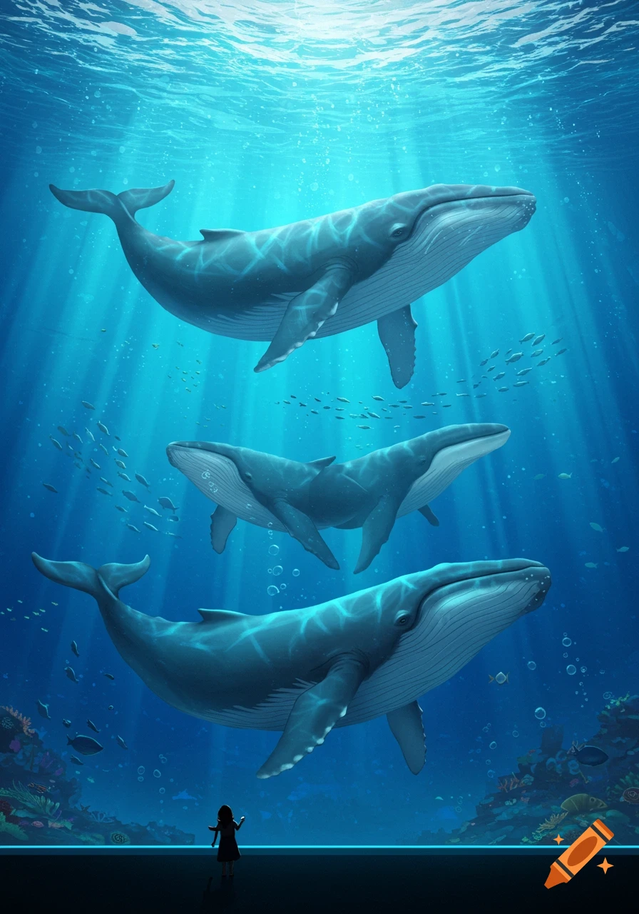 A small child stands before a giant aquarium window, looking up at three blue whales swimming in sunlit blue water with many small fish and coral.