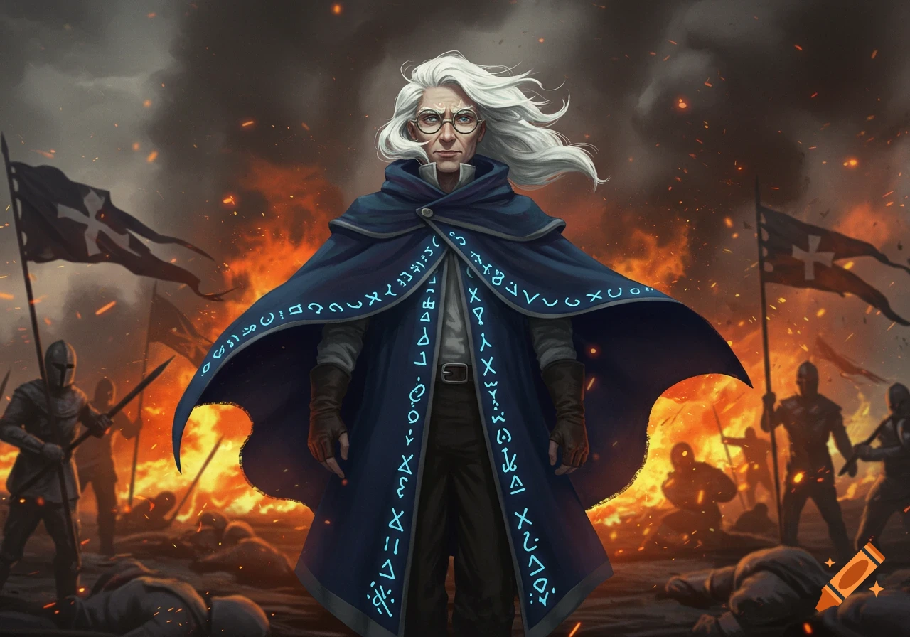 An elderly wizard with white hair and glasses, wearing a blue cape with glowing runes, stands on a fiery battlefield with knights and fallen soldiers.