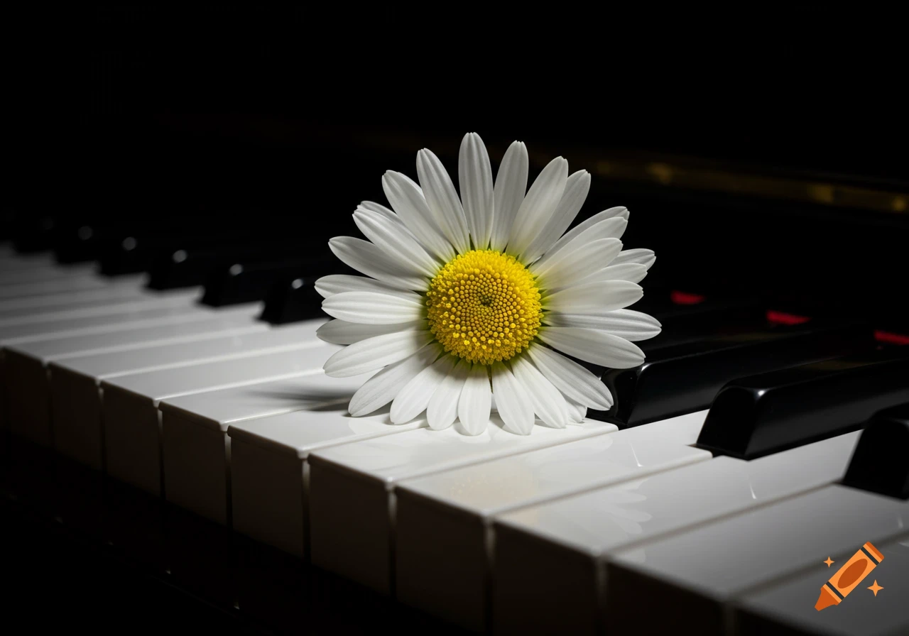 Photorealistic close-up of a white daisy with a yellow center on white piano keys, against a dark background.
