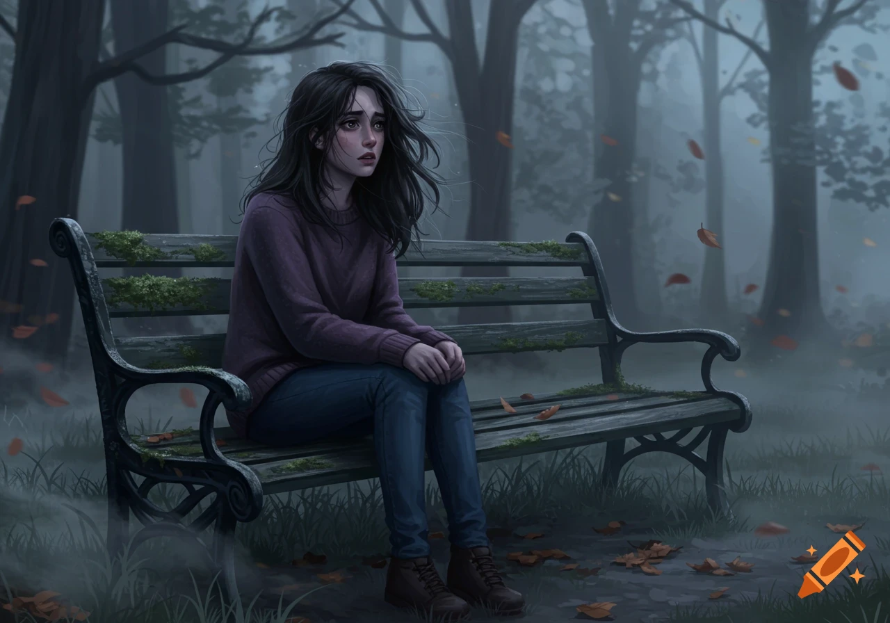 A melancholic young woman sits on a mossy park bench in a foggy, autumnal forest, looking sad and anxious. Illustration.