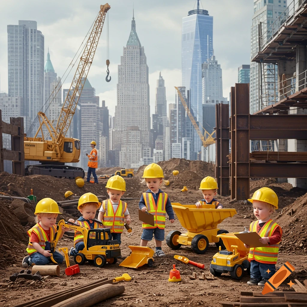 Toddlers in hard hats and safety vests play with toy construction vehicles on a dirt mound, with a city skyline in the background.
