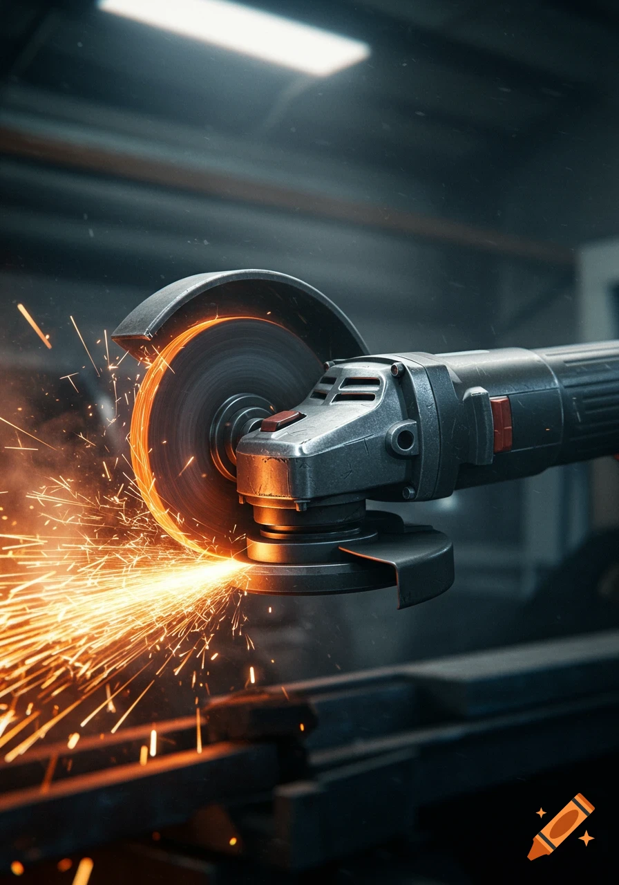 Photorealistic angle grinder cutting metal, generating bright orange sparks in a dark industrial setting.