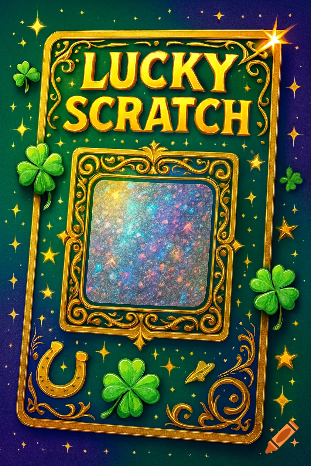 A vibrant green and gold lucky scratch card featuring "LUCKY SCRATCH" text, clovers, a horseshoe, and a shimmering scratch-off area.