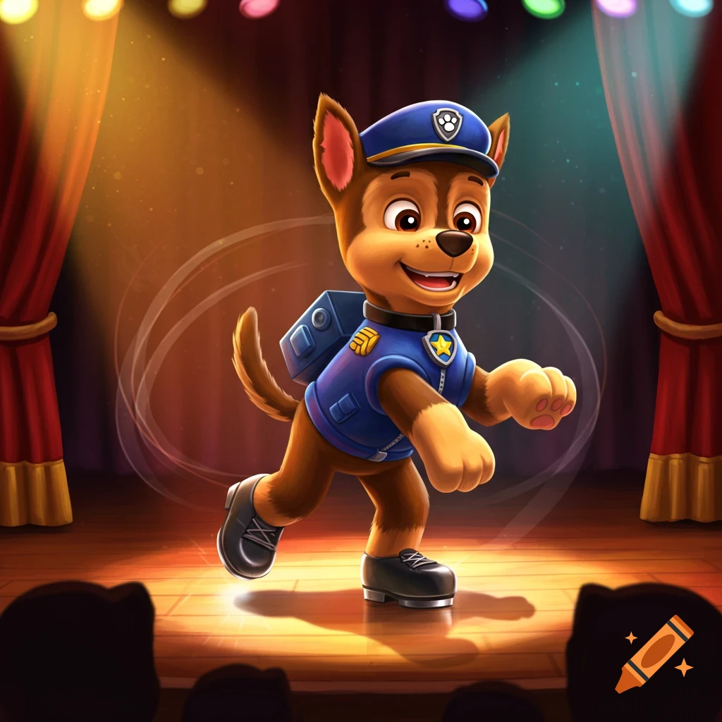 Chase from Paw Patrol in a police uniform and tap shoes walks across a brightly lit stage with red curtains.