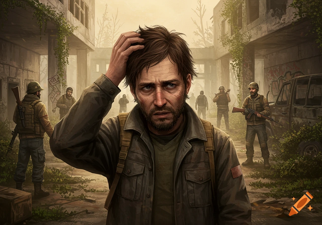 A distressed man with a beard scratches his head in the foreground of a ruined, overgrown city street, surrounded by other armed survivalists.