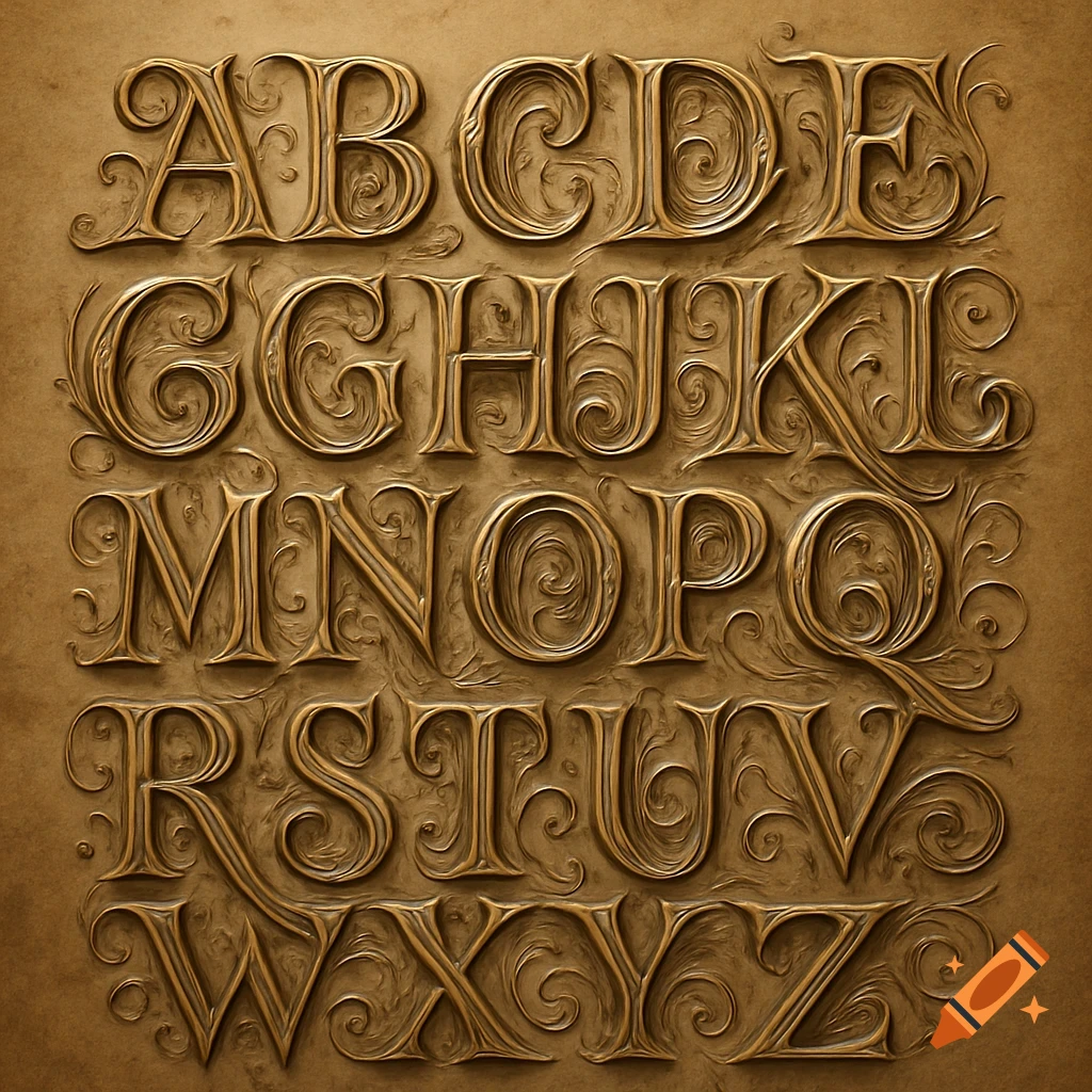 Ornate golden embossed English alphabet A-Z on a textured surface.