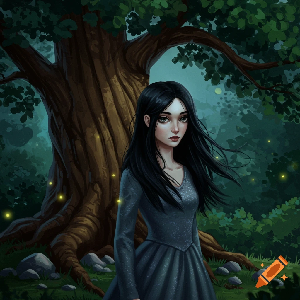 Illustration of a young woman with dark hair in a gray dress in a mystical forest with glowing fireflies at dusk.