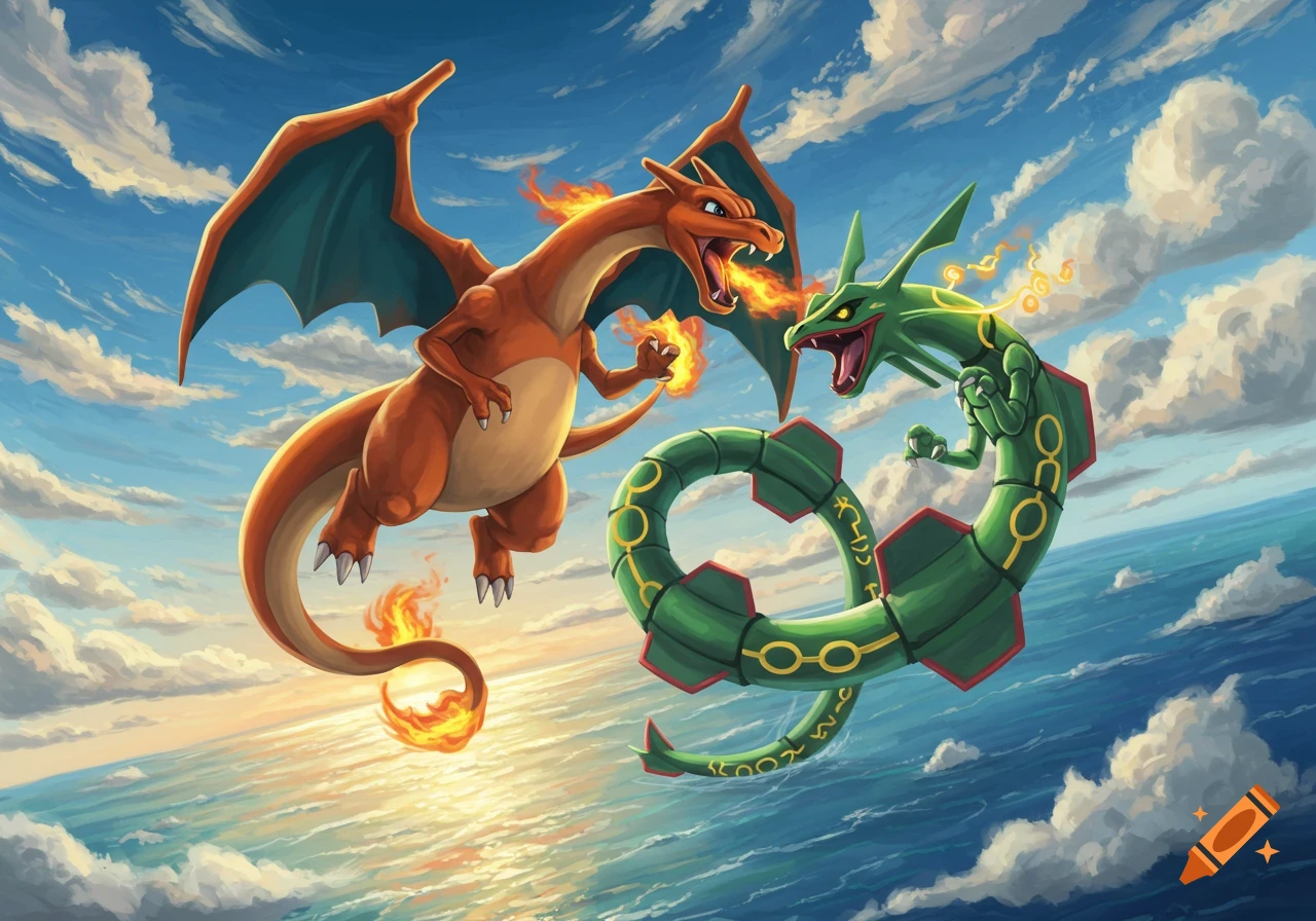 Charizard and Rayquaza battle in the sky above an ocean with clouds, Charizard breathing fire, digital art.
