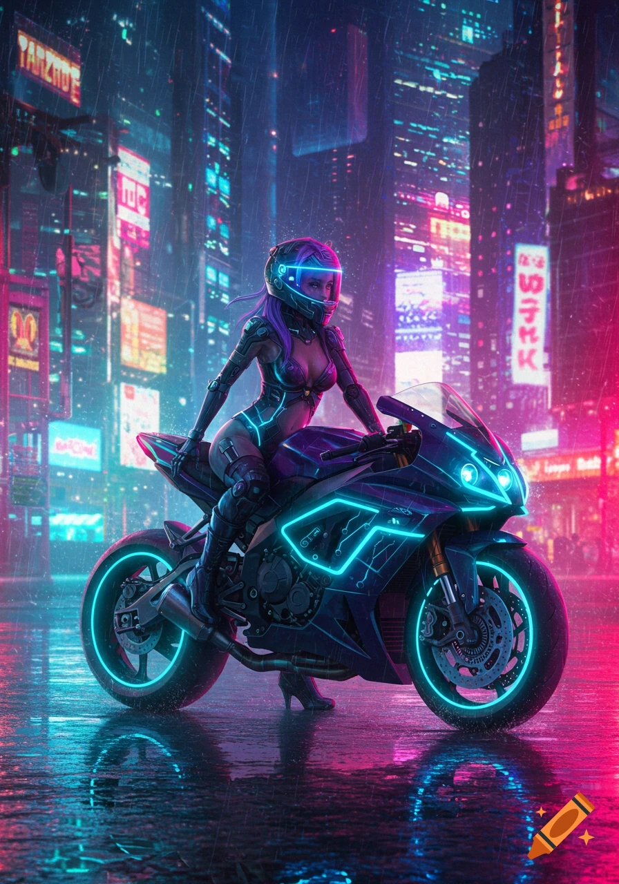 A cyberpunk woman in a glowing helmet and sleek suit sits on a neon-lit motorcycle in a rainy futuristic city.