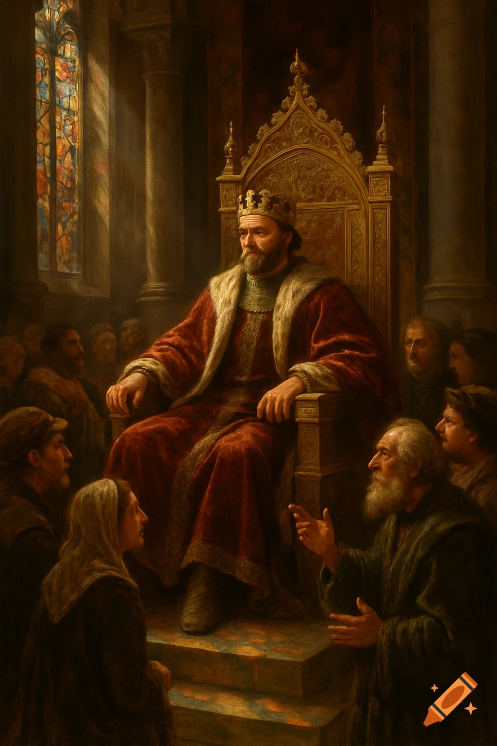 A king in a red robe and crown sits on a golden throne, surrounded by subjects in a dimly lit hall, depicted in a classic painting style.